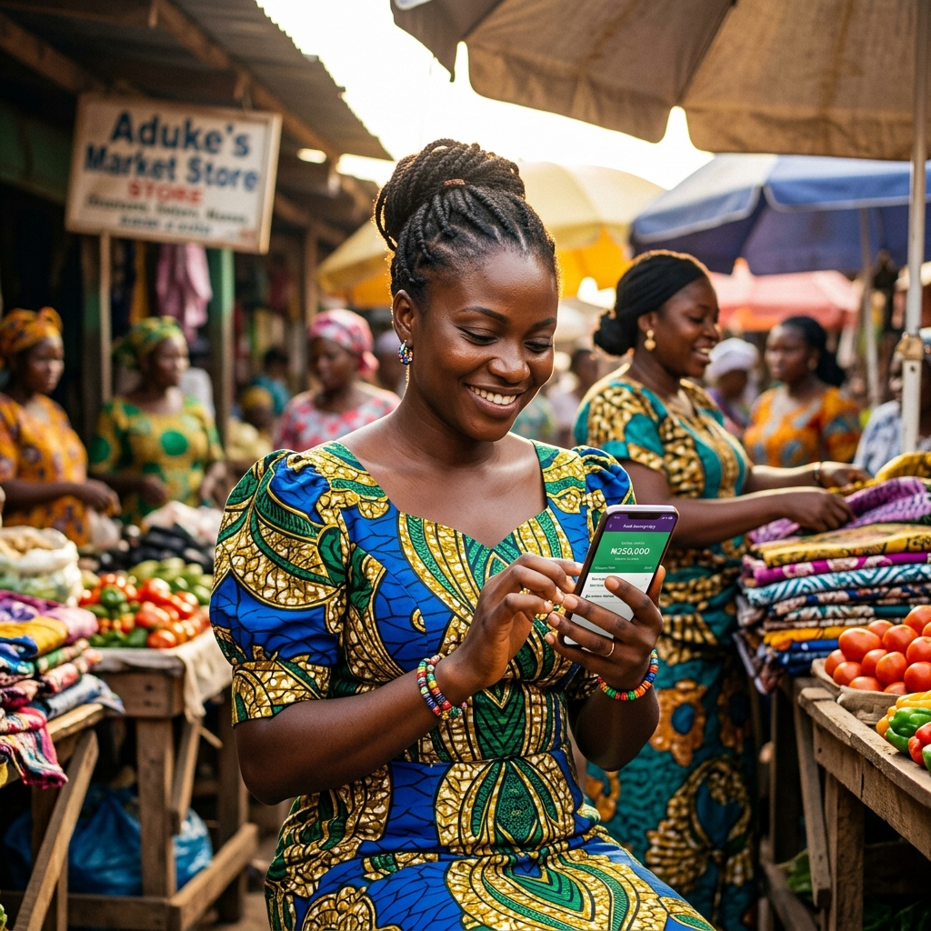Nigerian woman using Accawo savings app on her phone at the market